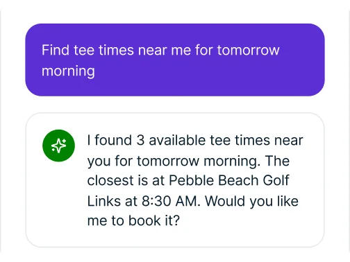 teemeup chat interface with Bob the AI golf agent showing tee time recommendations