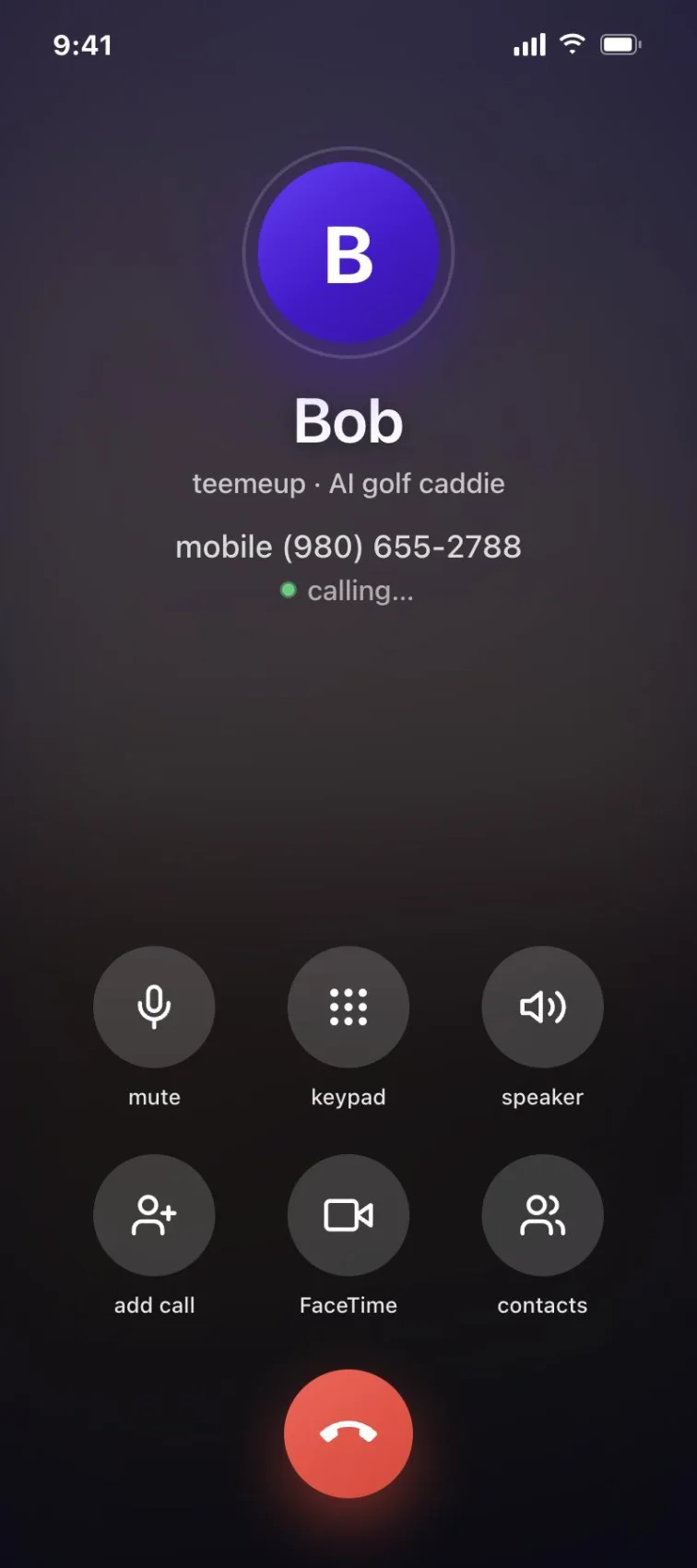 teemeup app screen showing how to call Bob the AI golf caddie by phone