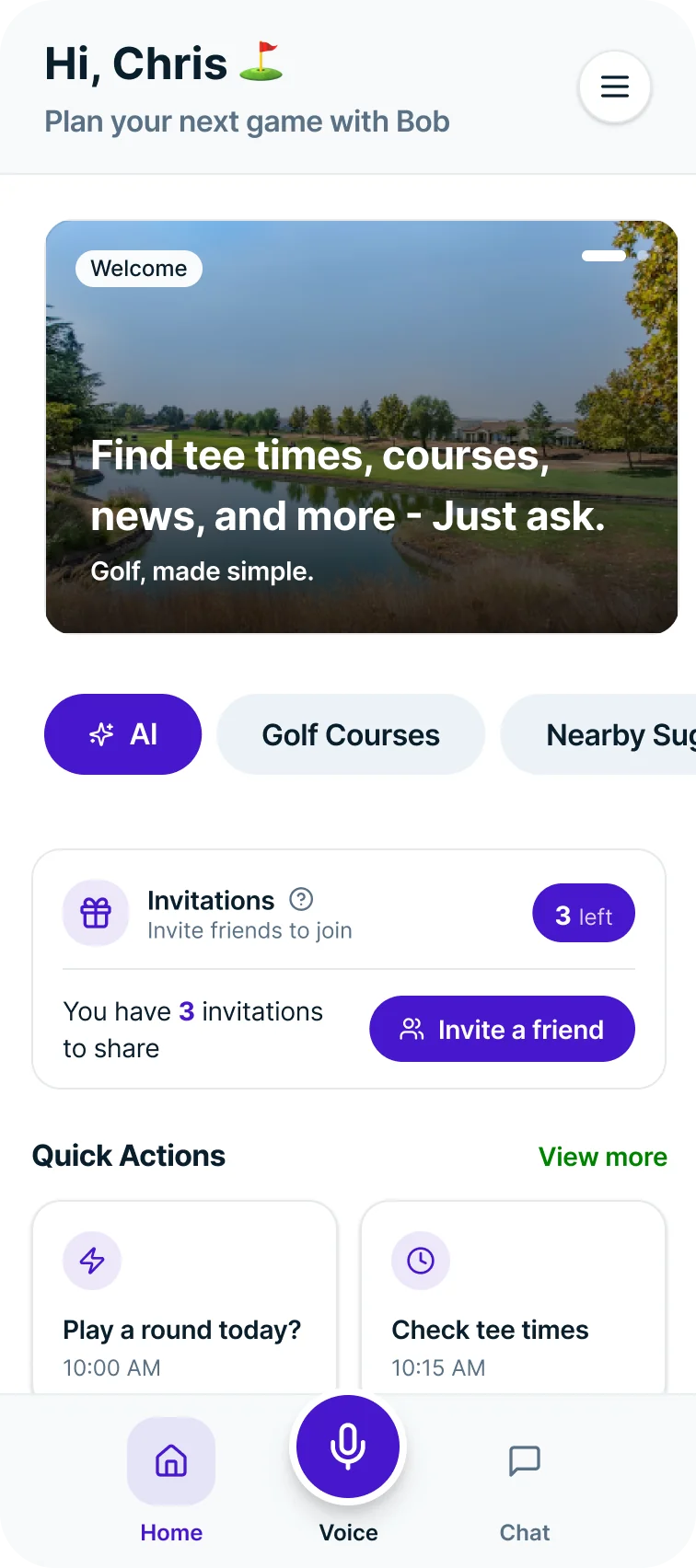 teemeup app home screen showing Bob the AI golf caddie suggesting tee times